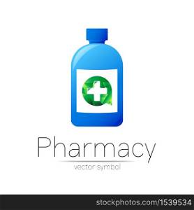 Pharmacy vector symbol with blue bottle and cross in green circle for pharmacist, pharma store, doctor and medicine. Modern design vector logo on white background. Pharmaceutical icon logotype. Health.. Pharmacy vector symbol with blue bottle and cross in green circle for pharmacist, pharma store, doctor and medicine. Modern design vector logo on white background. Pharmaceutical icon logotype. Health