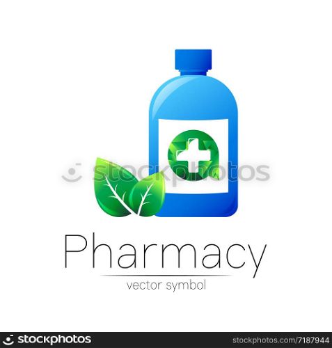 Pharmacy vector symbol with blue bottle and cross in green circle with leaf for pharmacist, pharma store, doctor and medicine. Modern design logo on white background. Pharmaceutical icon logotype. Pharmacy vector symbol with blue bottle and cross in green circle with leaf for pharmacist, pharma store, doctor and medicine. Modern design logo on white background. Pharmaceutical icon logotype.