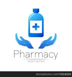 Pharmacy vector symbol with blue bottle and cross on 2 hands for pharmacist, pharma store, doctor and medicine. Modern design vector logo on white background. Pharmaceutical icon logotype . Health.. Pharmacy vector symbol with blue bottle and cross on 2 hands for pharmacist, pharma store, doctor and medicine. Modern design vector logo on white background. Pharmaceutical icon logotype . Health