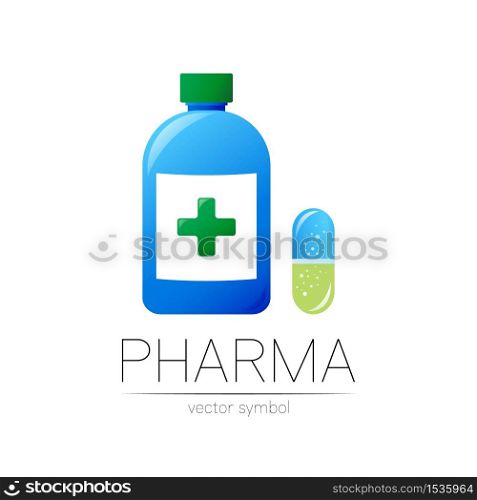 Pharmacy vector symbol with blue bottle and cross, pill capsule for pharmacist, pharma store, doctor and medicine. Modern design logo on white background. Pharmaceutical icon logotype . Human Health.. Pharmacy vector symbol with blue bottle and cross, pill capsule for pharmacist, pharma store, doctor and medicine. Modern design logo on white background. Pharmaceutical icon logotype . Human Health