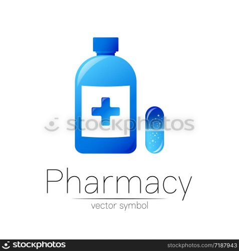Pharmacy vector symbol with blue bottle and cross, pill capsule for pharmacist, pharma store, doctor and medicine. Modern design logo on white background. Pharmaceutical icon logotype . Human Health.. Pharmacy vector symbol with blue bottle and cross, pill capsule for pharmacist, pharma store, doctor and medicine. Modern design logo on white background. Pharmaceutical icon logotype . Human Health