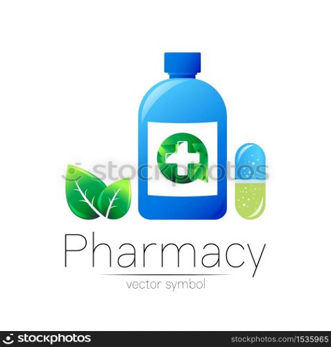 Pharmacy vector symbol with blue bottle and cross, pill capsule, green circle with leaf for pharmacist, pharma store, doctor and medicine. Modern logo on white background. Pharmaceutical icon logotype.. Pharmacy vector symbol with blue bottle and cross, pill capsule, green circle with leaf for pharmacist, pharma store, doctor and medicine. Modern logo on white background. Pharmaceutical icon logotype