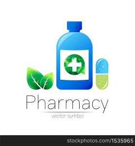 Pharmacy vector symbol with blue bottle and cross, pill capsule, green circle with leaf for pharmacist, pharma store, doctor and medicine. Modern logo on white background. Pharmaceutical icon logotype.. Pharmacy vector symbol with blue bottle and cross, pill capsule, green circle with leaf for pharmacist, pharma store, doctor and medicine. Modern logo on white background. Pharmaceutical icon logotype