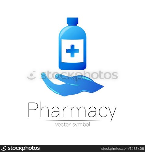 Pharmacy vector symbol with blue bottle and cross with hand for pharmacist, pharma store, doctor and medicine. Modern design vector logo on white background. Pharmaceutical icon logotype .Human Health.. Pharmacy vector symbol with blue bottle and cross with hand for pharmacist, pharma store, doctor and medicine. Modern design vector logo on white background. Pharmaceutical icon logotype .Human Health