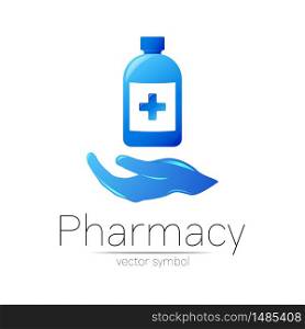 Pharmacy vector symbol with blue bottle and cross with hand for pharmacist, pharma store, doctor and medicine. Modern design vector logo on white background. Pharmaceutical icon logotype .Human Health.. Pharmacy vector symbol with blue bottle and cross with hand for pharmacist, pharma store, doctor and medicine. Modern design vector logo on white background. Pharmaceutical icon logotype .Human Health