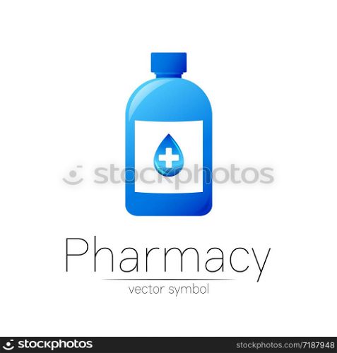 Pharmacy vector symbol with blue bottle and drop with cross for pharmacist, pharma store, doctor and medicine. Modern design vector logo on white background. Pharmaceutical icon logotype Health.. Pharmacy vector symbol with blue bottle and drop with cross for pharmacist, pharma store, doctor and medicine. Modern design vector logo on white background. Pharmaceutical icon logotype Health