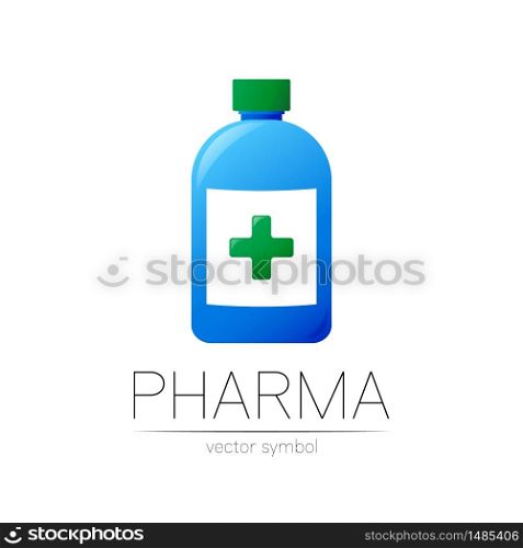 Pharmacy vector symbol with blue bottle and green cross for pharmacist, pharma store, doctor and medicine. Modern design vector logo on white background. Pharmaceutical icon logotype . Human Health.. Pharmacy vector symbol with blue bottle and green cross for pharmacist, pharma store, doctor and medicine. Modern design vector logo on white background. Pharmaceutical icon logotype . Human Health