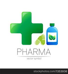 Pharmacy vector symbol with blue bottle and green cross in circle, leaf, for pharmacist, pharma store, doctor and medicine. Modern design logo on white. Pharmaceutical icon logotype with pill capsule.. Pharmacy vector symbol with blue bottle and green cross in circle, leaf, for pharmacist, pharma store, doctor and medicine. Modern design logo on white. Pharmaceutical icon logotype with pill capsule