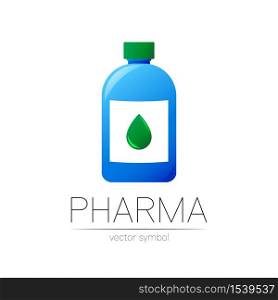 Pharmacy vector symbol with blue bottle and green drop for pharmacist, pharma store, doctor and medicine. Modern design vector logo on white background. Pharmaceutical icon logotype . Human Health.. Pharmacy vector symbol with blue bottle and green drop for pharmacist, pharma store, doctor and medicine. Modern design vector logo on white background. Pharmaceutical icon logotype . Human Health
