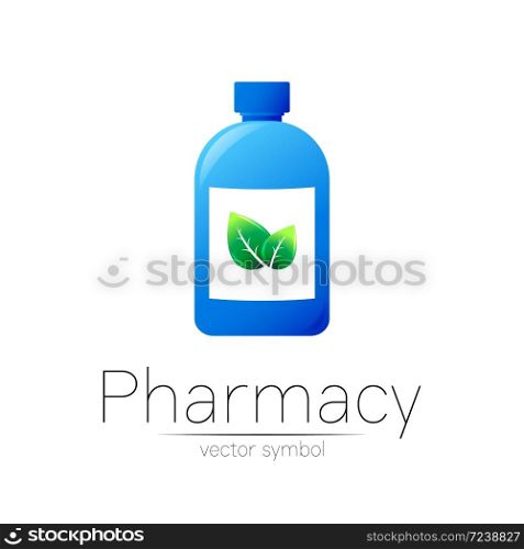 Pharmacy vector symbol with blue bottle and green leaf for pharmacist, pharma store, doctor and medicine. Modern design vector logo on white background. Pharmaceutical icon logotype . Human Health.. Pharmacy vector symbol with blue bottle and green leaf for pharmacist, pharma store, doctor and medicine. Modern design vector logo on white background. Pharmaceutical icon logotype . Human Health