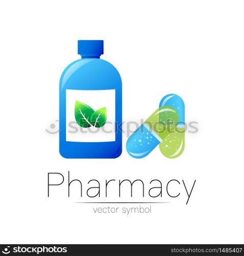 Pharmacy vector symbol with blue bottle and green leaf, pill capsule for pharmacist, pharma store, doctor and medicine. Modern design logo on white background. Pharmaceutical icon logotype . Health.. Pharmacy vector symbol with blue bottle and green leaf, pill capsule for pharmacist, pharma store, doctor and medicine. Modern design logo on white background. Pharmaceutical icon logotype . Health