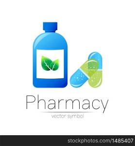 Pharmacy vector symbol with blue bottle and green leaf, pill capsule for pharmacist, pharma store, doctor and medicine. Modern design logo on white background. Pharmaceutical icon logotype . Health.. Pharmacy vector symbol with blue bottle and green leaf, pill capsule for pharmacist, pharma store, doctor and medicine. Modern design logo on white background. Pharmaceutical icon logotype . Health