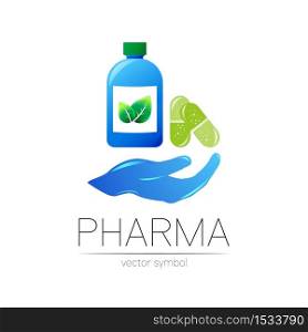 Pharmacy vector symbol with blue bottle and green leaf, pill capsule on hand for pharmacist, pharma store, doctor and medicine. Modern design logo on white background. Pharmaceutical icon logotype. Pharmacy vector symbol with blue bottle and green leaf, pill capsule on hand for pharmacist, pharma store, doctor and medicine. Modern design logo on white background. Pharmaceutical icon logotype .