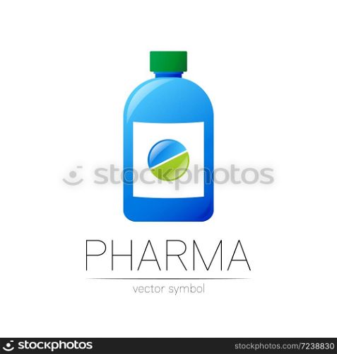 Pharmacy vector symbol with blue bottle and green pill tablet for pharmacist, pharma store, doctor and medicine. Modern design vector logo on white background. Pharmaceutical icon logotype . Health.. Pharmacy vector symbol with blue bottle and green pill tablet for pharmacist, pharma store, doctor and medicine. Modern design vector logo on white background. Pharmaceutical icon logotype . Health