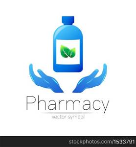 Pharmacy vector symbol with blue bottle and leaf on 2 hands for pharmacist, pharma store, doctor and medicine. Modern design vector logo on white background. Pharmaceutical icon logotype . Health.. Pharmacy vector symbol with blue bottle and leaf on 2 hands for pharmacist, pharma store, doctor and medicine. Modern design vector logo on white background. Pharmaceutical icon logotype . Health