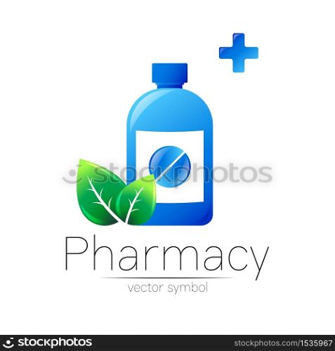 Pharmacy vector symbol with blue bottle and pill tablet, cross and green leaf for pharmacist, pharma store, doctor and medicine. Modern design logo on white background. Pharmaceutical icon logotype.. Pharmacy vector symbol with blue bottle and pill tablet, cross and green leaf for pharmacist, pharma store, doctor and medicine. Modern design logo on white background. Pharmaceutical icon logotype