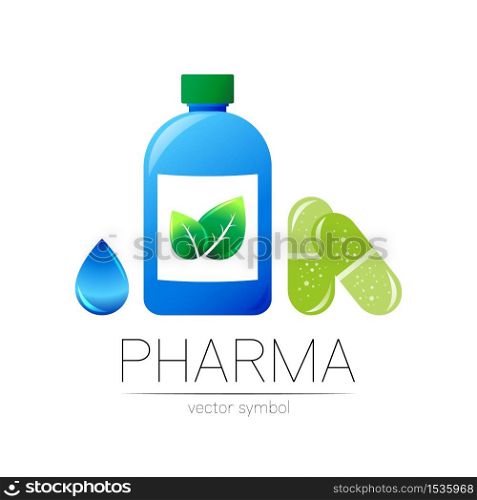 Pharmacy vector symbol with blue bottle, green leaf and drop, pill capsule for pharmacist, pharma store, doctor and medicine. Modern design vector logo on white. Pharmaceutical icon logotype health.. Pharmacy vector symbol with blue bottle, green leaf and drop, pill capsule for pharmacist, pharma store, doctor and medicine. Modern design vector logo on white. Pharmaceutical icon logotype health