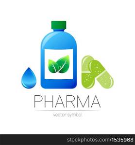 Pharmacy vector symbol with blue bottle, green leaf and drop, pill capsule for pharmacist, pharma store, doctor and medicine. Modern design vector logo on white. Pharmaceutical icon logotype health.. Pharmacy vector symbol with blue bottle, green leaf and drop, pill capsule for pharmacist, pharma store, doctor and medicine. Modern design vector logo on white. Pharmaceutical icon logotype health