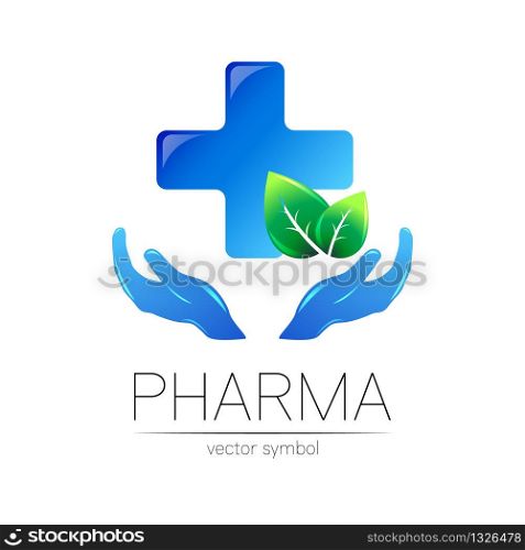 Pharmacy vector symbol with blue cross for pharmacist, pharma store, doctor and medicine. Modern design vector logo on white background. Pharmaceutical icon logotype with leaf and hands. Health.. Pharmacy vector symbol with blue cross for pharmacist, pharma store, doctor and medicine. Modern design vector logo on white background. Pharmaceutical icon logotype with leaf and hands. Health