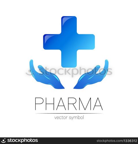 Pharmacy vector symbol with blue cross for pharmacist, pharma store, doctor and medicine. Modern design vector logo on white background. Pharmaceutical icon logotype with hands. Health.. Pharmacy vector symbol with blue cross for pharmacist, pharma store, doctor and medicine. Modern design vector logo on white background. Pharmaceutical icon logotype with hands. Health