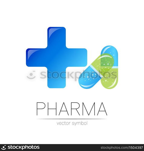 Pharmacy vector symbol with blue cross for pharmacist, pharma store, doctor and medicine. Modern design vector logo on white background. Pharmaceutical icon logotype tablet pill capsule. Health.. Pharmacy vector symbol with blue cross for pharmacist, pharma store, doctor and medicine. Modern design vector logo on white background. Pharmaceutical icon logotype tablet pill capsule. Health