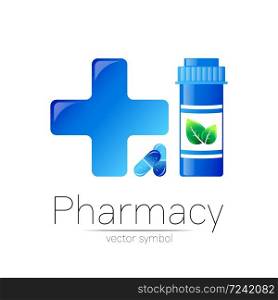 Pharmacy vector symbol with blue pill bottle and big cross for pharmacist, pharma store, doctor and medicine. Modern design vector logo on white background. Pharmaceutical icon logotype . Human Health.. Pharmacy vector symbol with blue pill bottle and big cross for pharmacist, pharma store, doctor and medicine. Modern design vector logo on white background. Pharmaceutical icon logotype . Human Health