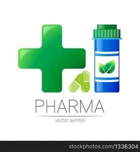 Pharmacy vector symbol with blue pill bottle and big green cross for pharmacist, pharma store, doctor and medicine. Modern design vector logo on white. Pharmaceutical icon logotype . Human Health.. Pharmacy vector symbol with blue pill bottle and big green cross for pharmacist, pharma store, doctor and medicine. Modern design vector logo on white. Pharmaceutical icon logotype . Human Health