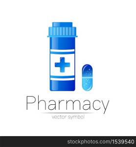 Pharmacy vector symbol with blue pill bottle and capsule tablet for pharmacist, pharma store, doctor and medicine. Modern design vector logo on white background. Pharmaceutical icon logotype . Health.. Pharmacy vector symbol with blue pill bottle and capsule tablet for pharmacist, pharma store, doctor and medicine. Modern design vector logo on white background. Pharmaceutical icon logotype . Health