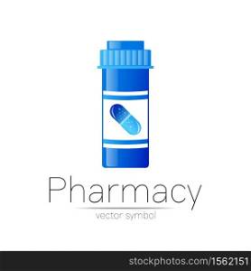 Pharmacy vector symbol with blue pill bottle and capsule tablet for pharmacist, pharma store, doctor and medicine. Modern design vector logo on white background. Pharmaceutical icon logotype . Health.. Pharmacy vector symbol with blue pill bottle and capsule tablet for pharmacist, pharma store, doctor and medicine. Modern design vector logo on white background. Pharmaceutical icon logotype . Health