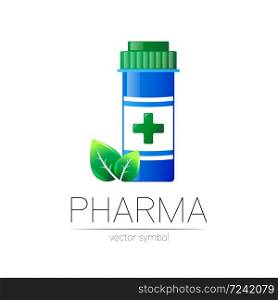 Pharmacy vector symbol with blue pill bottle and green leaf for pharmacist, pharma store, doctor and medicine. Modern design vector logo on white background. Pharmaceutical icon logotype . Health.. Pharmacy vector symbol with blue pill bottle and green leaf for pharmacist, pharma store, doctor and medicine. Modern design vector logo on white background. Pharmaceutical icon logotype . Health