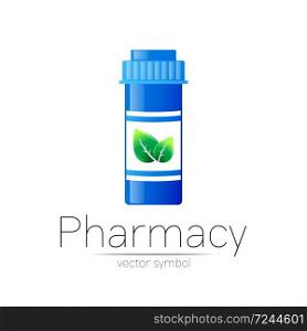 Pharmacy vector symbol with blue pill bottle and green leaf for pharmacist, pharma store, doctor and medicine. Modern design vector logo on white background. Pharmaceutical icon logotype . Health.. Pharmacy vector symbol with blue pill bottle and green leaf for pharmacist, pharma store, doctor and medicine. Modern design vector logo on white background. Pharmaceutical icon logotype . Health