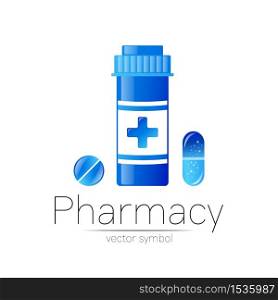 Pharmacy vector symbol with blue pill bottle and tablet for pharmacist, pharma store, doctor and medicine. Modern design vector logo on white background. Pharmaceutical icon logotype . Health.. Pharmacy vector symbol with blue pill bottle and tablet for pharmacist, pharma store, doctor and medicine. Modern design vector logo on white background. Pharmaceutical icon logotype . Health