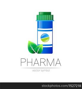 Pharmacy vector symbol with blue pill bottle and tablet, leaf for pharmacist, pharma store, doctor and medicine. Modern design vector logo on white background. Pharmaceutical icon logotype . Health.. Pharmacy vector symbol with blue pill bottle and tablet, leaf for pharmacist, pharma store, doctor and medicine. Modern design vector logo on white background. Pharmaceutical icon logotype . Health