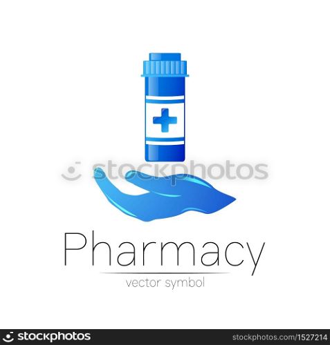 Pharmacy vector symbol with blue pill bottle in hand and cross for pharmacist, pharma store, doctor and medicine. Modern design logo on white background. Pharmaceutical icon logotype . Health.. Pharmacy vector symbol with blue pill bottle in hand and cross for pharmacist, pharma store, doctor and medicine. Modern design logo on white background. Pharmaceutical icon logotype . Health