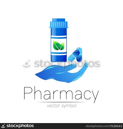 Pharmacy vector symbol with blue pill bottle in hand and tablet for pharmacist, pharma store, doctor and medicine. Modern design logo on white background. Pharmaceutical icon logotype . Health.. Pharmacy vector symbol with blue pill bottle in hand and tablet for pharmacist, pharma store, doctor and medicine. Modern design logo on white background. Pharmaceutical icon logotype . Health