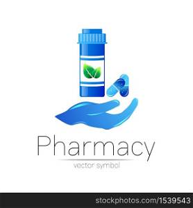 Pharmacy vector symbol with blue pill bottle in hand and tablet for pharmacist, pharma store, doctor and medicine. Modern design logo on white background. Pharmaceutical icon logotype . Health.. Pharmacy vector symbol with blue pill bottle in hand and tablet for pharmacist, pharma store, doctor and medicine. Modern design logo on white background. Pharmaceutical icon logotype . Health