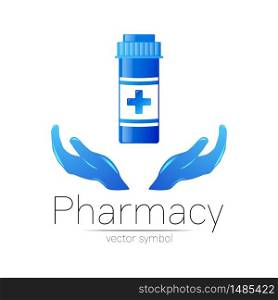 Pharmacy vector symbol with blue pill bottle in hands and tablet for pharmacist, pharma store, doctor and medicine. Modern design logo on white background. Pharmaceutical icon logotype . Health.. Pharmacy vector symbol with blue pill bottle in hands and tablet for pharmacist, pharma store, doctor and medicine. Modern design logo on white background. Pharmaceutical icon logotype . Health