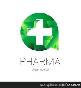 Pharmacy vector symbol with cross in green circle for pharmacist, pharma store, doctor and medicine. Modern design vector logo on white background. Pharmaceutical icon logotype. Human Health.. Pharmacy vector symbol with cross in green circle for pharmacist, pharma store, doctor and medicine. Modern design vector logo on white background. Pharmaceutical icon logotype. Human Health