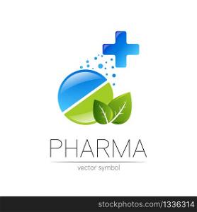 Pharmacy vector symbol with green leaf and cross for pharmacist, pharma store, doctor and medicine. Modern design vector logo on white background. Pharmaceutical blue icon logotype tablet pill Health. Pharmacy vector symbol with green leaf and cross for pharmacist, pharma store, doctor and medicine. Modern design vector logo on white background. Pharmaceutical blue icon logotype tablet pill .Health