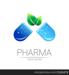 Pharmacy vector symbol with green leaf for pharmacist, pharma store, doctor and medicine. Modern design vector logo on white background. Pharmaceutical blue icon logotype tablet pill capsule. Health.. Pharmacy vector symbol with green leaf for pharmacist, pharma store, doctor and medicine. Modern design vector logo on white background. Pharmaceutical blue icon logotype tablet pill capsule. Health