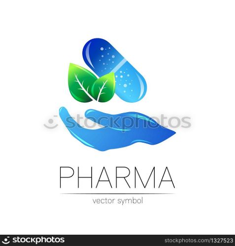 Pharmacy vector symbol with green leaf for pharmacist, pharma store, doctor and medicine. Modern design vector logo on white background. Pharmaceutical blue icon logotype tablet pill capsule with hand.. Pharmacy vector symbol with green leaf for pharmacist, pharma store, doctor and medicine. Modern design vector logo on white background. Pharmaceutical blue icon logotype tablet pill capsule with hand