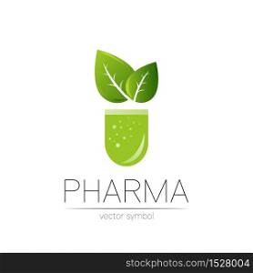 Pharmacy vector symbol with green leaf for pharmacist, pharma store, doctor and medicine. Modern design vector logo on white background. Pharmaceutical icon logotype tablet pill capsule. Health.. Pharmacy vector symbol with green leaf for pharmacist, pharma store, doctor and medicine. Modern design vector logo on white background. Pharmaceutical icon logotype tablet pill capsule. Health