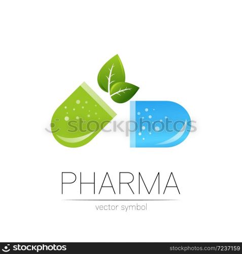 Pharmacy vector symbol with green leaf for pharmacist, pharma store, doctor and medicine. Modern design vector logo on white background. Pharmaceutical blue icon logotype tablet pill capsule. Health.. Pharmacy vector symbol with green leaf for pharmacist, pharma store, doctor and medicine. Modern design vector logo on white background. Pharmaceutical blue icon logotype tablet pill capsule. Health