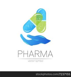 Pharmacy vector symbol with hand for pharmacist, pharma store, doctor and medicine. Modern design vector logo on white background. Pharmaceutical blue icon logotype tablet pill capsule with hand.. Pharmacy vector symbol with hand for pharmacist, pharma store, doctor and medicine. Modern design vector logo on white background. Pharmaceutical blue icon logotype tablet pill capsule with hand
