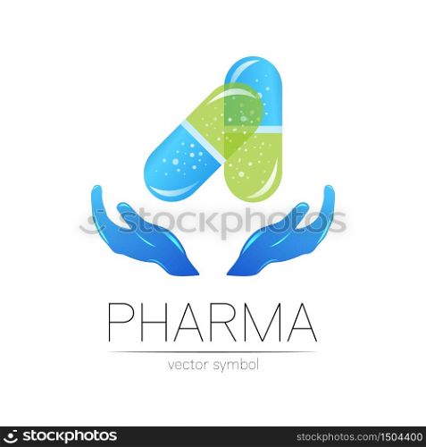 Pharmacy vector symbol with hands for pharmacist, pharma store, doctor and medicine. Modern design vector logo on white background. Pharmaceutical blue icon logotype tablet pill capsule with hand.. Pharmacy vector symbol with hands for pharmacist, pharma store, doctor and medicine. Modern design vector logo on white background. Pharmaceutical blue icon logotype tablet pill capsule with hand