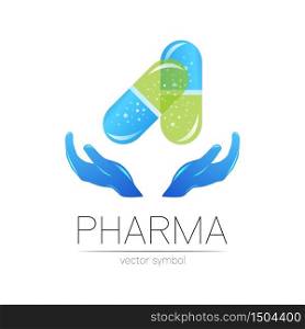 Pharmacy vector symbol with hands for pharmacist, pharma store, doctor and medicine. Modern design vector logo on white background. Pharmaceutical blue icon logotype tablet pill capsule with hand.. Pharmacy vector symbol with hands for pharmacist, pharma store, doctor and medicine. Modern design vector logo on white background. Pharmaceutical blue icon logotype tablet pill capsule with hand