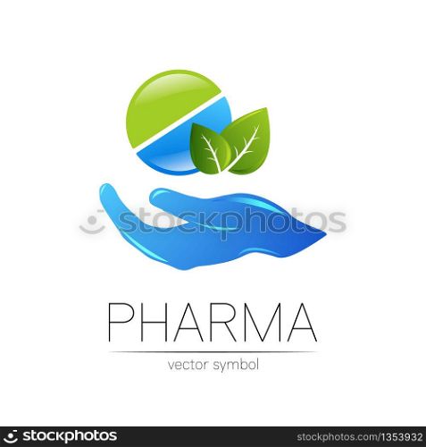 Pharmacy vector symbol with leaf for pharmacist, pharma store, doctor and medicine. Modern design vector logo on white background. Pharmaceutical blue green icon logotype tablet pill with hand . Health.. Pharmacy vector symbol with leaf for pharmacist, pharma store, doctor and medicine. Modern design vector logo on white background. Pharmaceutical blue green icon logotype tablet pill with hand .Health