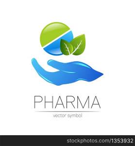Pharmacy vector symbol with leaf for pharmacist, pharma store, doctor and medicine. Modern design vector logo on white background. Pharmaceutical blue green icon logotype tablet pill with hand . Health.. Pharmacy vector symbol with leaf for pharmacist, pharma store, doctor and medicine. Modern design vector logo on white background. Pharmaceutical blue green icon logotype tablet pill with hand .Health