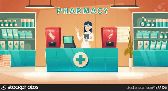 Pharmacy with pharmacist woman at counter desk, cartoon drugstore interior with cashier, medical products on shelves and vending machine for free female sanitary pads and tampons, vector illustration. Pharmacy with pharmacist woman at counter desk