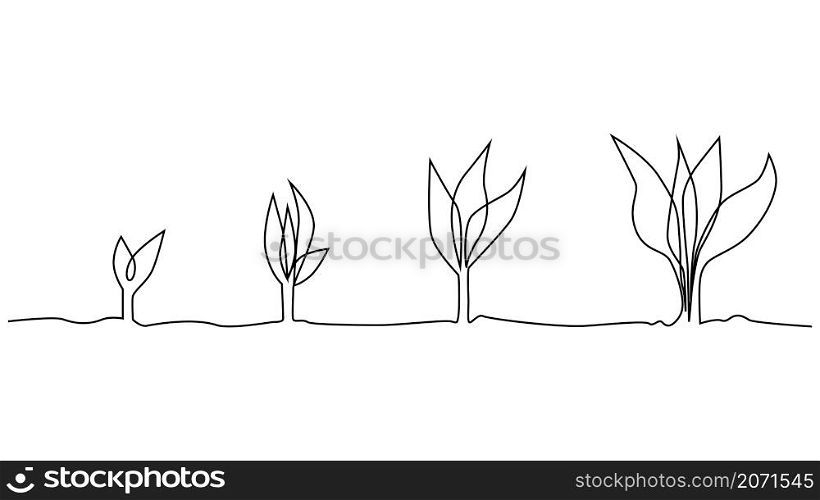 Phase of plant life continuous one line drawing minimalist illustration from seed, root and leaves. Phase of plant life continuous one line drawing minimalist illustration from seed and leaves